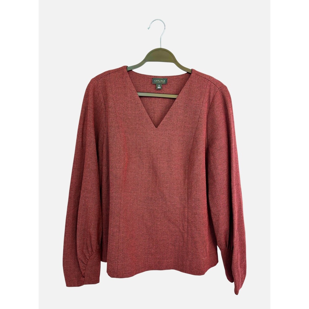Carlisle Collection Red Herringbone V-Neck Puff Sleeve Top Size 12 Side Zip
